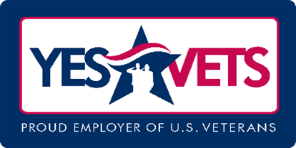 This is a YesVets Logo - It is red, white, and blue in color with blue font that states YES red font that states VETS and a red white and blue star with two soldiers saluting in the center. Proud Employer of U.S. Veterans written at the bottom. 